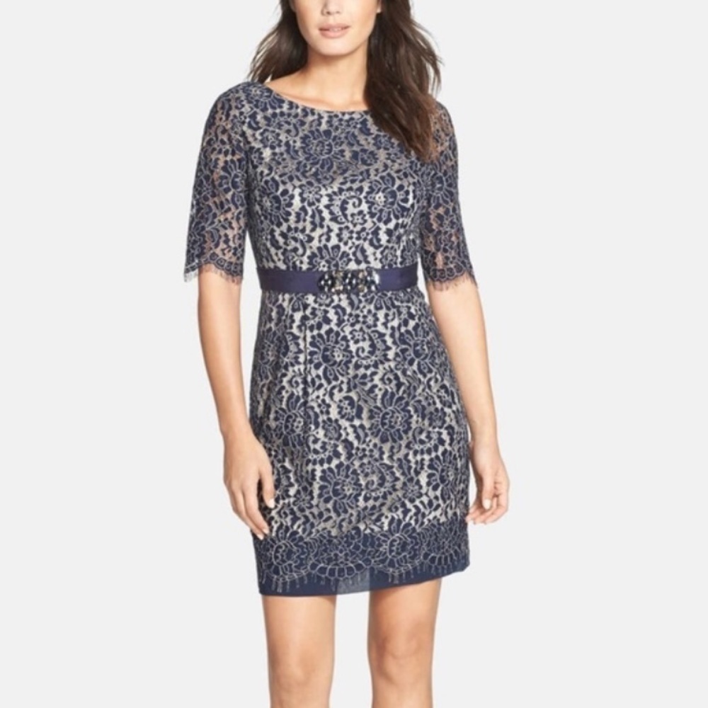 Eliza J Lace Beaded Cocktail Dress Navy Blue Sz 12